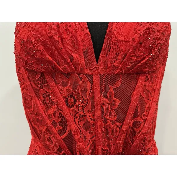 Sherri Hill 56134 Red Lace Halter Gown Sz 14 - Image 2