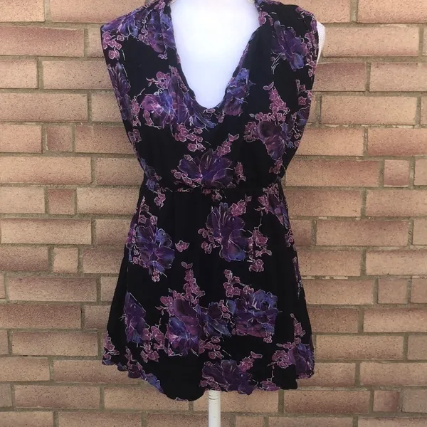 Free People Mini Dress S/P Black Purple Floral Cowl Neck Sleeveless‎ Boho - Image 3