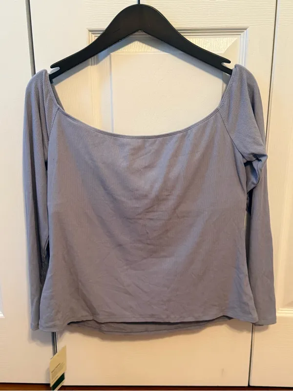 Halara Ribbed Knit Off Shoulder Long Sleeve 2-in-1 Casual Top in Dusty Blue - Image 3