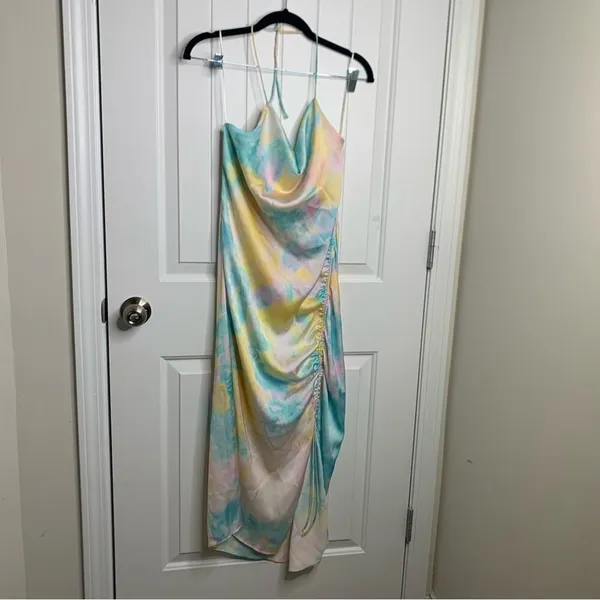 Zara pastel tie dye satin rainbow‎ ruched ruched midi dress blogger size XS - Image 5