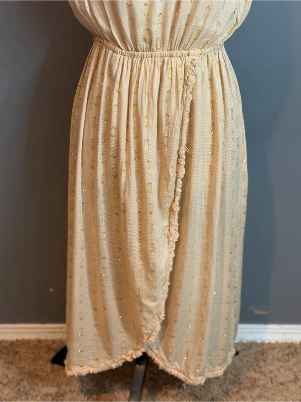 Surf Gypsy Halter Maxi Dress Size M Boho Gold Shimmer Backless Tassel - Image 5