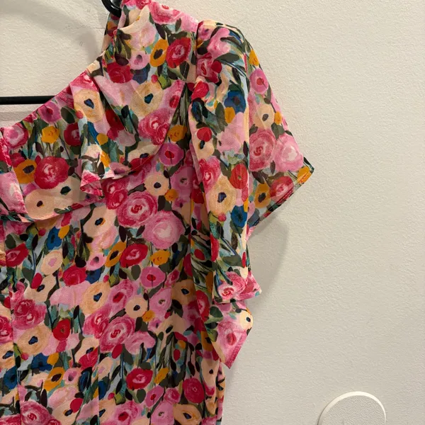 ASTR The Label Vilma Floral Ruched Ruffle Midi Dress‎ Pink Multi Large Preppy - Image 8