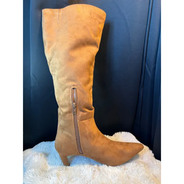 Target Tan Faux Suede Pointed Toe Kitten Heel Knee High Boots Size 9 Y2K costume - Image 8