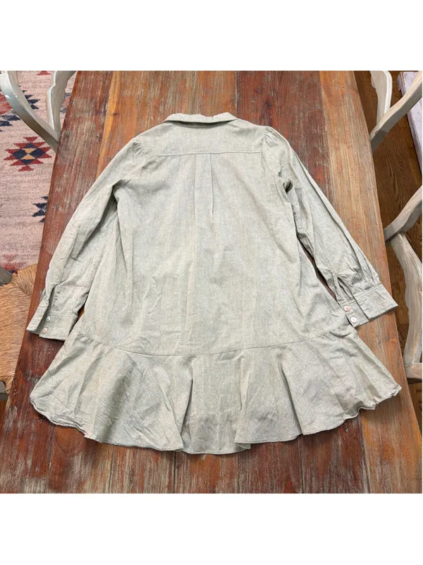 Tuckernuck Sage Green Linen Look 100% Cotton Drop Waist Ruffle Hem Shirt Dress S - Image 13