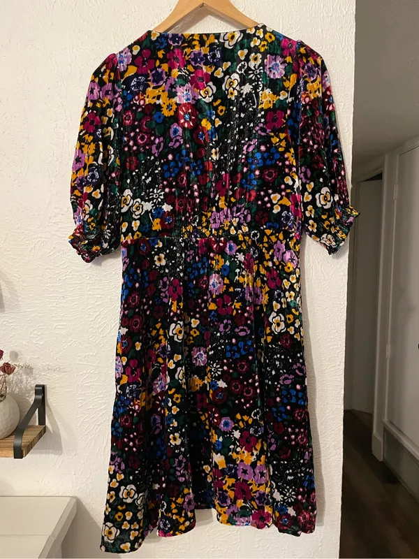 Anthropologie Multicolor Floral V-Neck Puff Sleeve Velvet Francie Mini Dress - Image 5