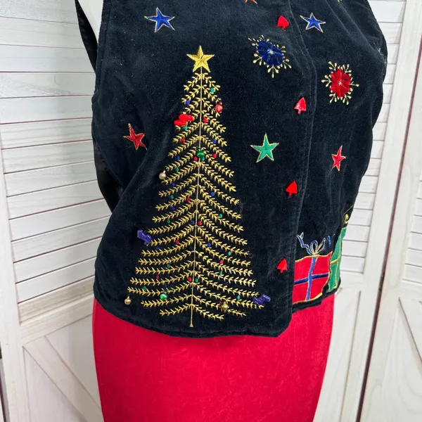 Vintage 90s DressBarn Velvet Embroidered‎ Christmas Button Up Vest Top Black XL - Image 6