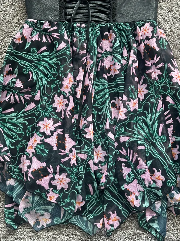 Dolls Kill Black Floral Lace-Up Mini Dress with Pink & Green Print - Image 3