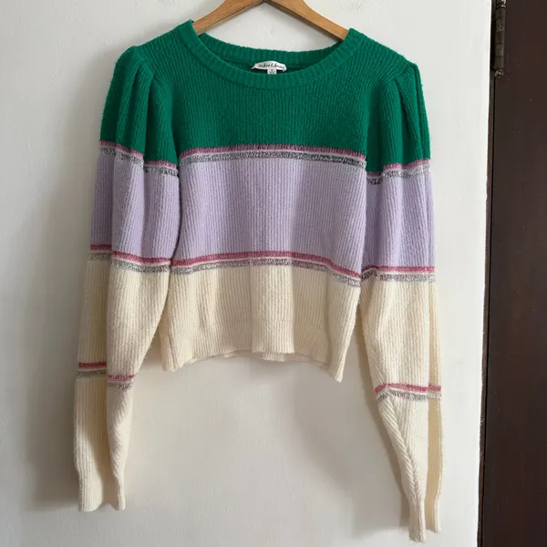 FOR LOVE AND LEMONS Arielle Puff Sleeve Color Block Striped Sweater Medium - Image 2
