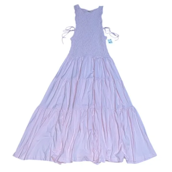 Free People Free-est Sterling Smocked Tiered‎ Maxi Dress Chalk Pink Large - Image 3