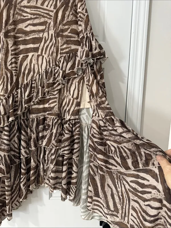 Sinsay Beige Zebra-Print Tiered Ruffle Asymmetrical Midi Lined Skirt Size XL - Image 10