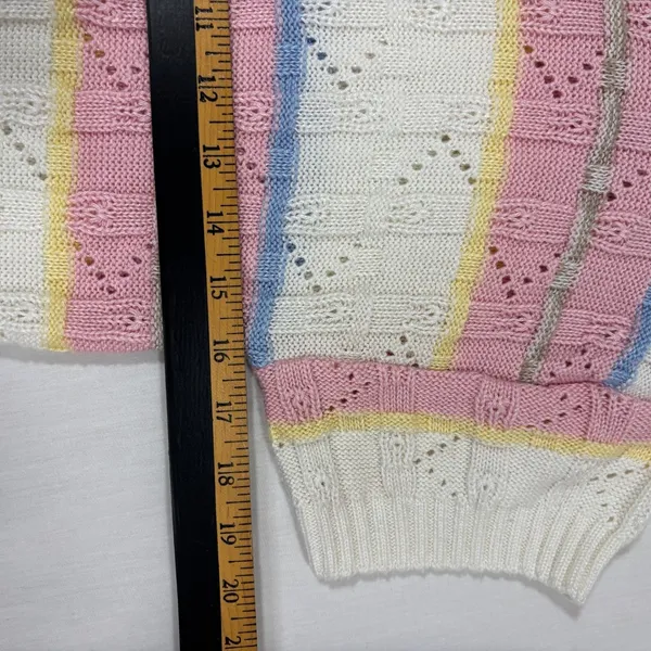 Keneth too! Vtg 80s‎ Knit Top Pastel Striped Pointelle Retro Grandma Cottage S - Image 6