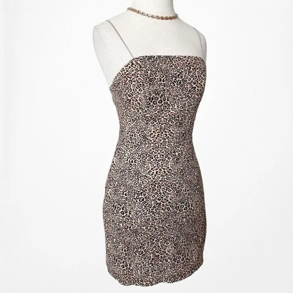 Vintage Y2K 90s Brown Animal Leopard Print Mini Bodycon Cocktail Dress Size 0/S - Image 5
