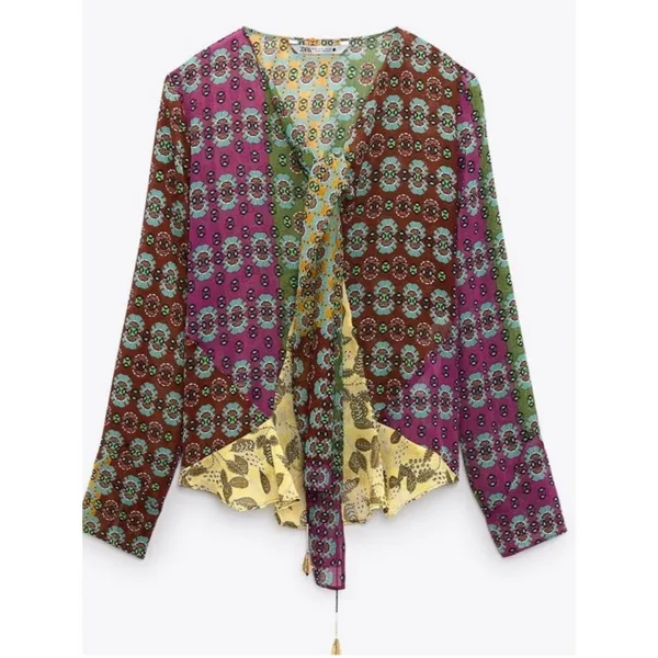Zara Patchwork Floral Tie Neck Blouse Boho Y2K Sheer Top Multicolor Size S - Image 2