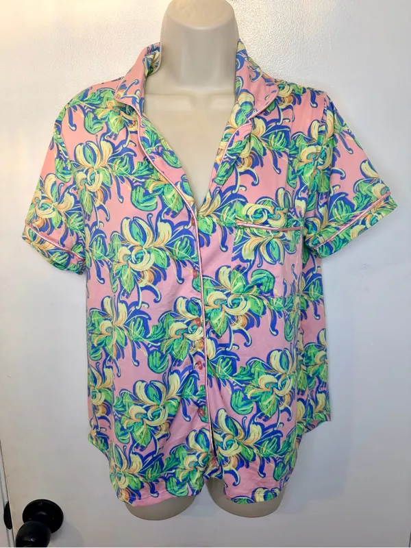 Lauren James LJ Size M Pink Tropical Floral Short Sleeve Pajama Top Sleep Shirt - Image 3