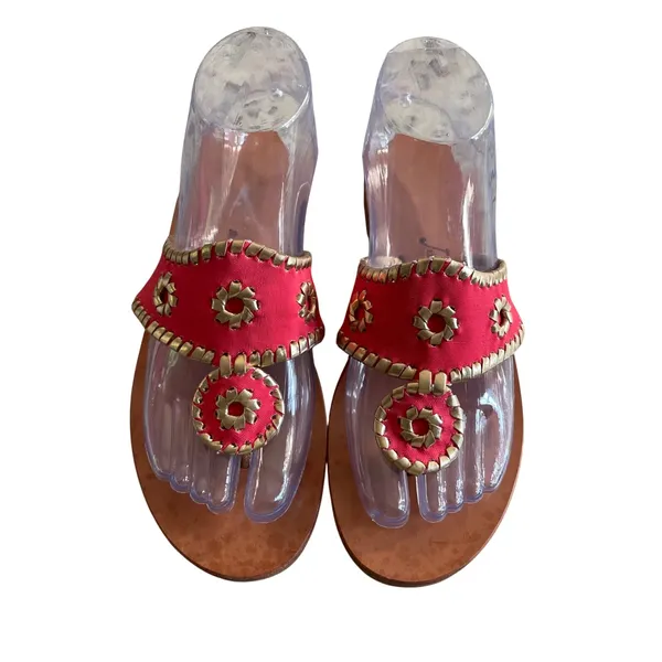 Jack Rogers Jacks Flat Sandal Large Pink Gold Preppy Coastal Rondelle Whipstitch - Image 2