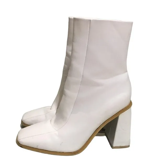 Square Toe Faux Leather Heeled Boots White Size 9 - Image 9