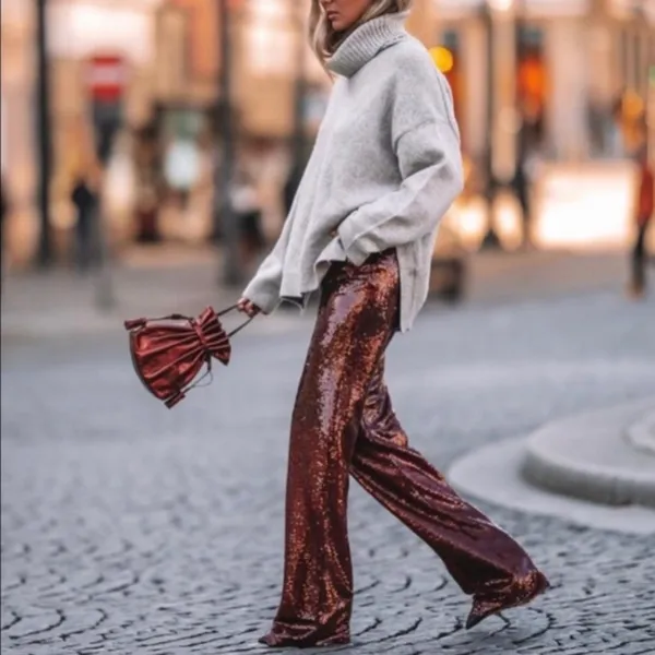 Zara | Sparkle Sequins Flare Wide Leg Pants Striped‎ Black Red - 3440/251/800 - Image 3
