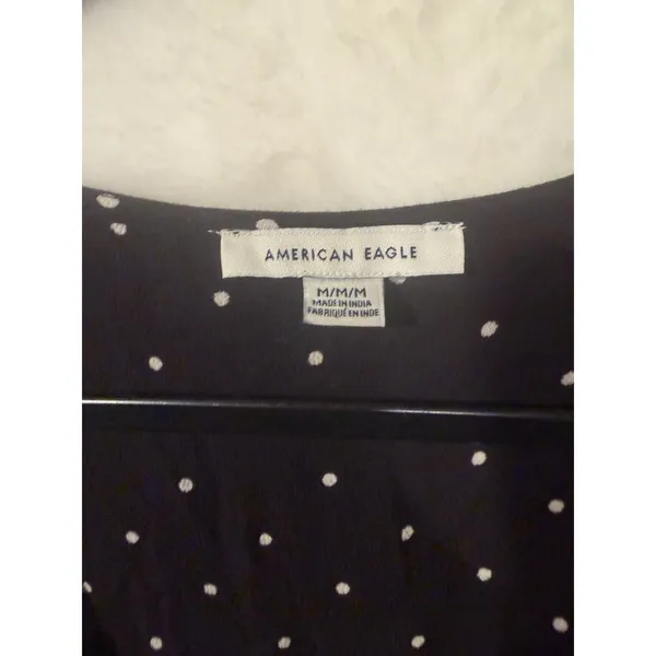 American Eagle‎ Wrap Dress Womens Medium Black Polka Dot Long Sleeve Ruffle Mini - Image 2