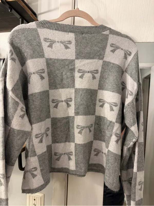 Sincerly Jules Gray & Cream Bow-Check Crewneck Sweater - Image 5