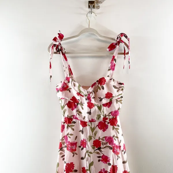 Here Comes the Sun Floral Tie Strap Fit & Flare Midi Dress White Pink Medium - Image 6