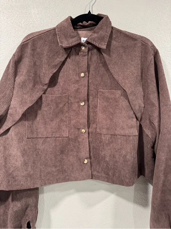 Princess Polly Cropped Corduroy Button-Front Shirt Jacket - Brown - Image 6