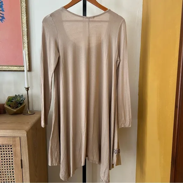 Easel Embroidered‎ Tunic Dress Boho Asymmetrical Hem Bohemian Tan Beige Small - Image 4
