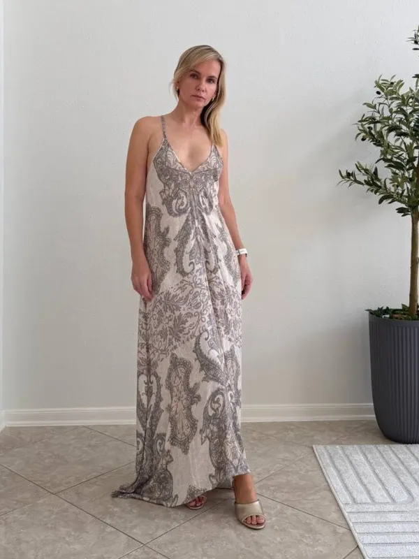 Hale Bob Taupe Paisley Halter Maxi Dress Size S - Image 3