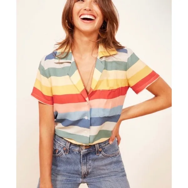 Reformation Rainbow Stripe Tencel Short Sleeve Camp Shirt Multi Color S - Image 2