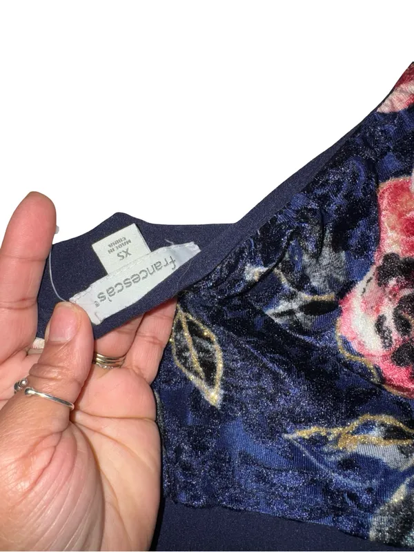 Francesca's Navy Velvet Floral Bodysuit with Pink Bloom Detail - Image 7