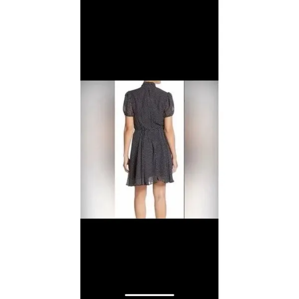 Betsey Johnson Navy Polka Dot Chiffon Puff Sleeve Tie Neck Knee Dress Size 10 - Image 2