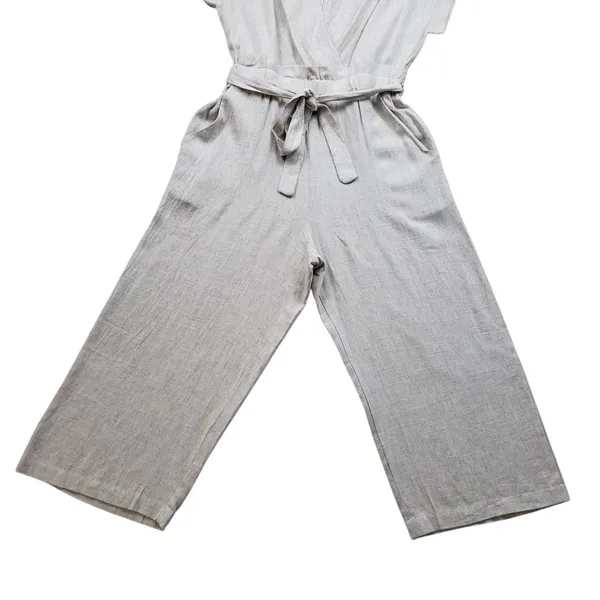 Monteau Jumpsuit Womens Large Beige Linen Wide Leg V-Neck Cropped Boho Overall - Image 5