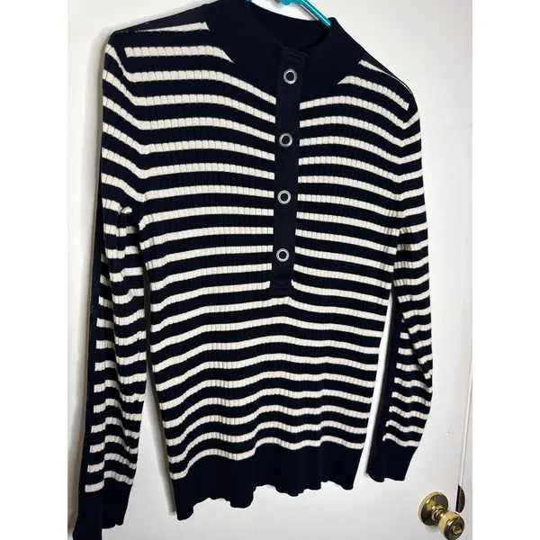 Ralph Lauren Black White Striped Button Mock Neck Ribbed Pullover Size L Cotton - Image 4