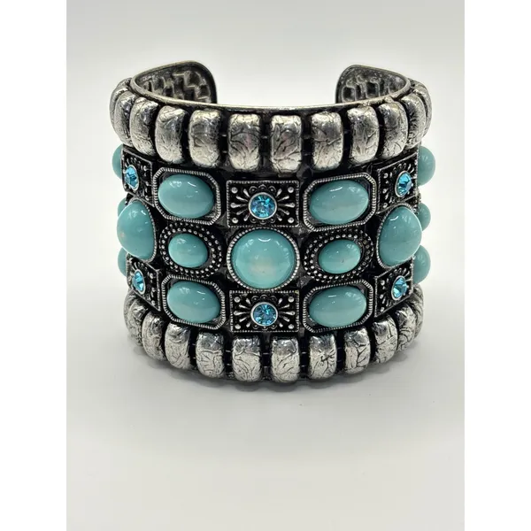 Boho Silver Tone Tuquioise Blue Cabochon Rhinestone Cuff‎ Bracelet Chunky - Image 2
