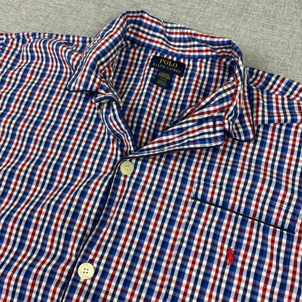 Polo Ralph Lauren Pajama Shirt Mens Large Red Blue Check Cotton Sleepwear - Image 2