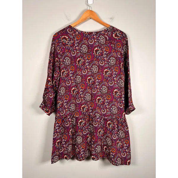 Garnet Hill Tunic‎ Dress Womens 14 Purple Paisley Floral V-Neck 3/4 Sleeve boho - Image 4