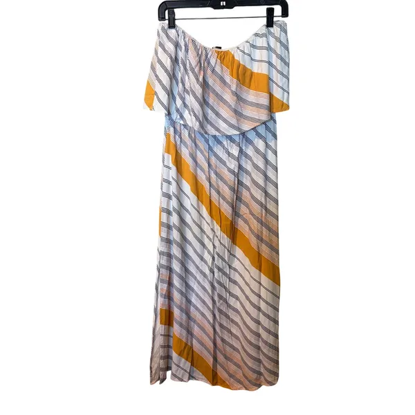 O’Neill Koia Strapless Midi Dress White Mustard Stripe Boho Beach Slit Size L - Image 2