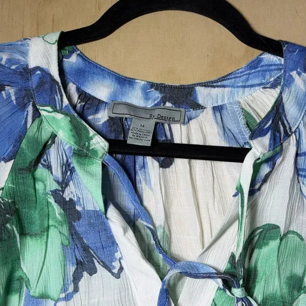 By Design Floral Blouse Women’s Medium Blue Green Tie Neck Short Sleeve Top‎ - Image 2
