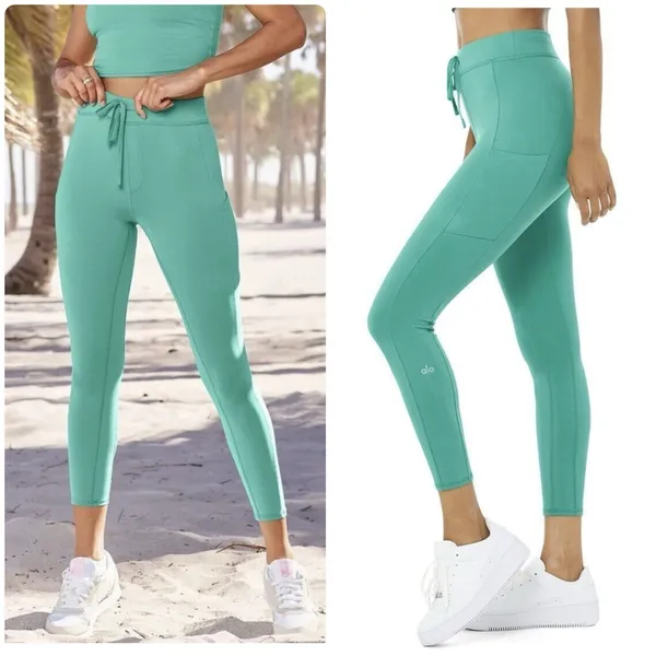 Alo Yoga Checkpoint 7/8 Leggings High Waist Drawstring Pockets Ocean Teal Sz XS - Image 2