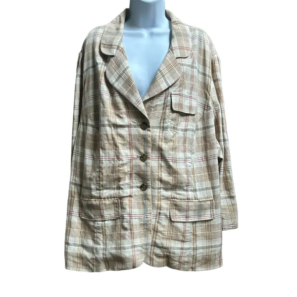 Tommy Hilfiger Cream‎ Plaid Peplum Short Sleeve Jacket Women's Size 24 - Image 4