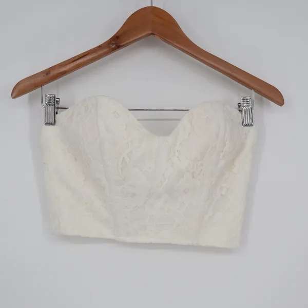 Off White Lace Bustier Crop Top Sweetheart Strapless Zip Back Small - Image 2