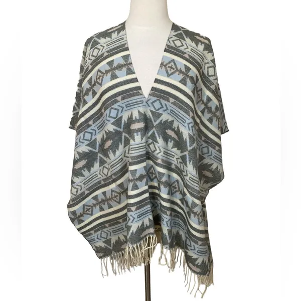 Free people Blue & Gray Western Boho Hippie Acrylic Pull Over Fringe poncho - Image 2