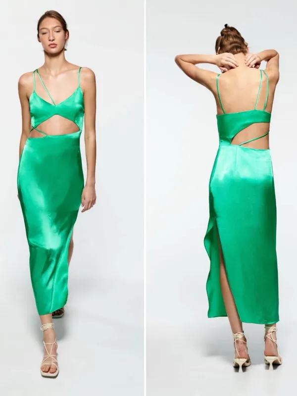 ZARA Asymmetric Cut Out‎ Satin Effect Midi Dress Side Slit Emerald Green Size XS - Image 5
