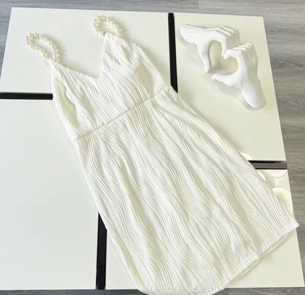 ✨ NWT RIHOAS White Textured Plissé Mini Dress w/ Pearl Straps (Size XS) 🤍 - Image 9