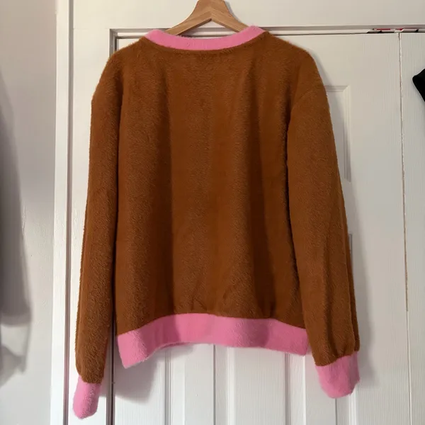 Maeve Anthropologie‎ Cozy Ringer Brown and Pink Fuzzy Sweatshirt Size Medium EUC - Image 5