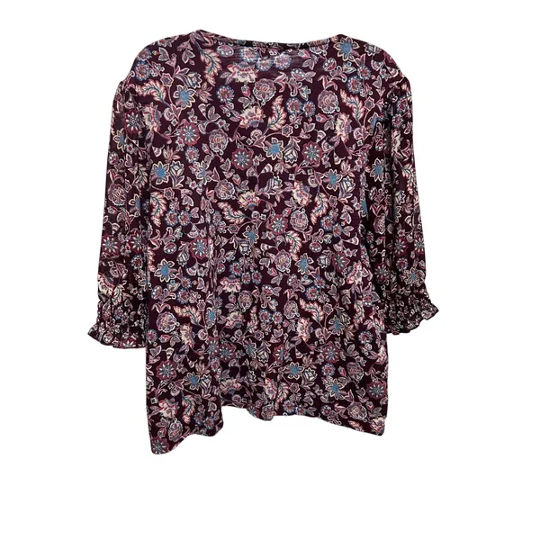 Lucky Brand Women Boho Cottage Floral Top XL Maroon Romantic Fairy Whimsical - Image 2