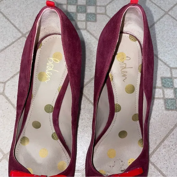 Boden Eleanor Courts Women EU 38.5 D'Orsay Pumps 3in Suede Pointed Toe Red Bow - Image 4