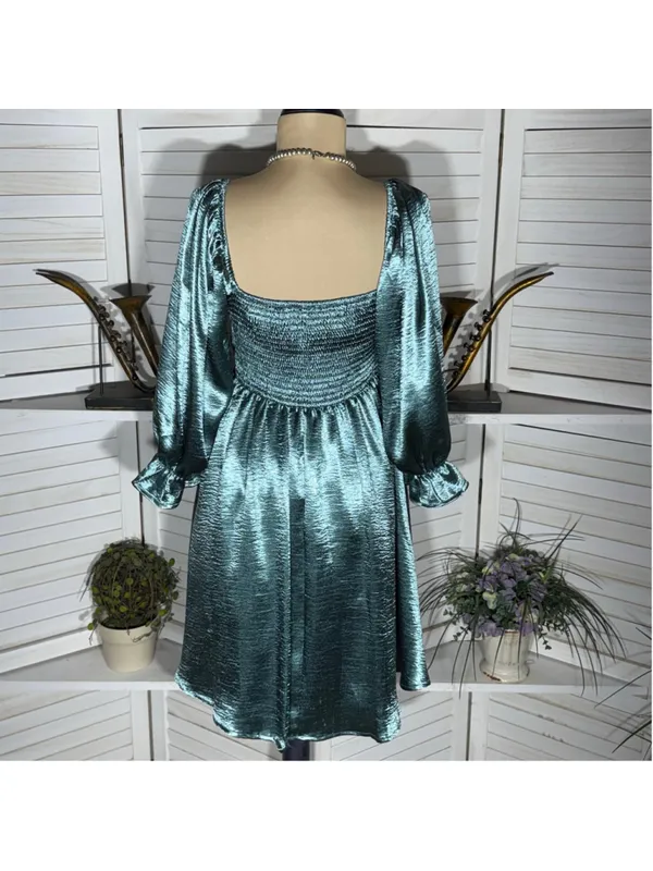 Entro Anthropologie teal satin babydoll mini dress ballooned sleeves Fairy hoco - Image 2