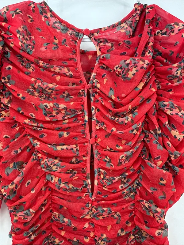 Free People Red Floral Ruched Midi Dress with Puff Sleeves - Image 4