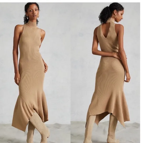 ANTHROPOLOGIE Mock Neck‎ Ribbed Knit Midi Dress Size Large Tan - Image 2