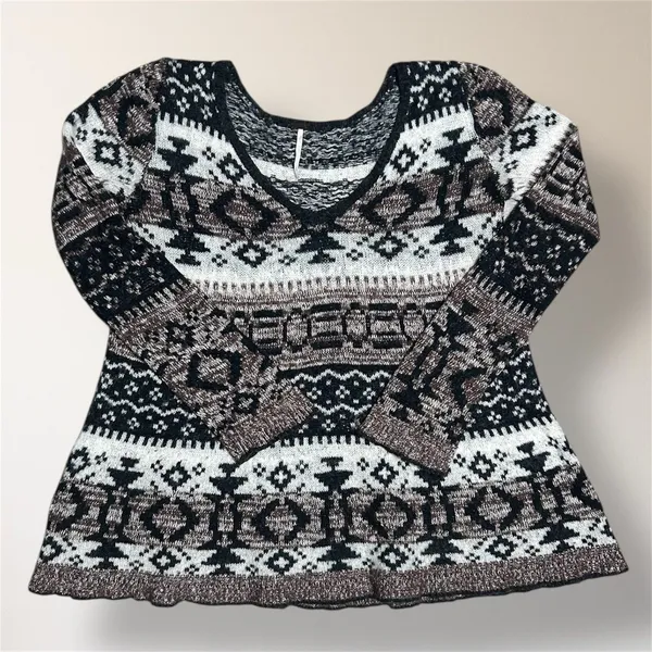 Free People S Brown Cream Alpaca‎ Wool Blend V Neck Pullover Sweater Boho Nordic - Image 4